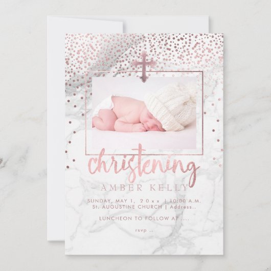 PixDezines Marble+Faux Roos Gouden Stippen/Doop Kaart (Voorkant)