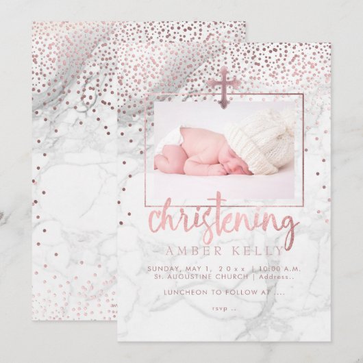 PixDezines Marble+Faux Roos Gouden Stippen/Doop Kaart (Voorkant / Achterkant)