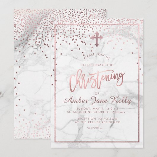 PixDezines Marble+Faux Roos Gouden Stippen/Doop Kaart (Voorkant / Achterkant)