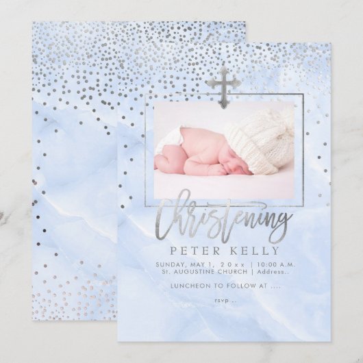 PixDezines Marble+Faux Silver Stippen/doopsel Kaart (Voorkant / Achterkant)