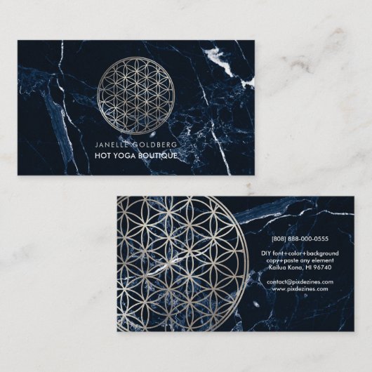 PixDezines Marble/Flower of Life/Faux Silver Visitekaartje (Voorkant / Achterkant)