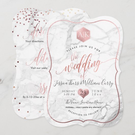 PixDezines Marble+Monogram+Faux RoseGold Honingraa Kaart (Voorkant / Achterkant)