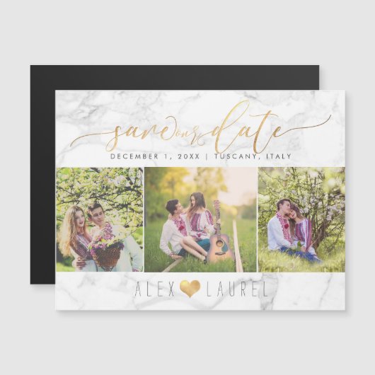 PixDezines Marble Save Our Date/Faux Gold Script Magnetische Uitnodiging (Voorkant / Achterkant)