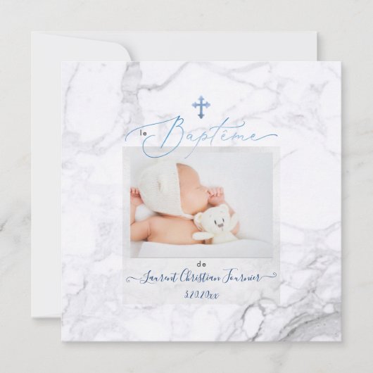 PixDezines Marbre Blanc, Baptême Bleu garçon Kaart (Voorkant)