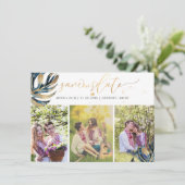 PixDezines Marine Blauw Monstera Faux Metallic Save The Date (Staand voorkant)