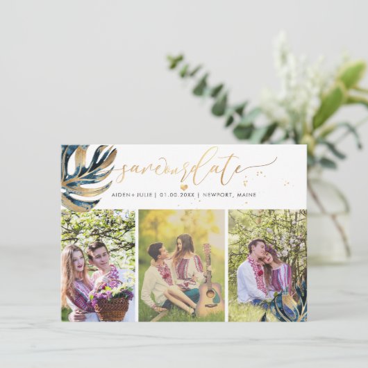 PixDezines Marine Blauw Monstera Faux Metallic Save The Date (Staand voorkant)