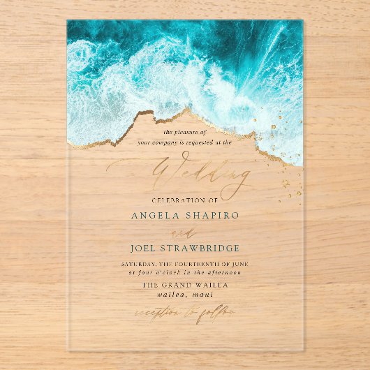 PixDezines Marine Waves Shoreline Beach Wedding Acryl Uitnodigingen (Voorkant)
