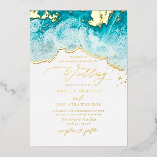 PixDezines Marine Waves Shoreline Beach Wedding Folie Uitnodiging (Voorkant)