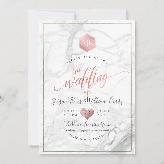 PixDezines Marmer+Monogram+Nepram RozeGoud Honingr Kaart (Voorkant)