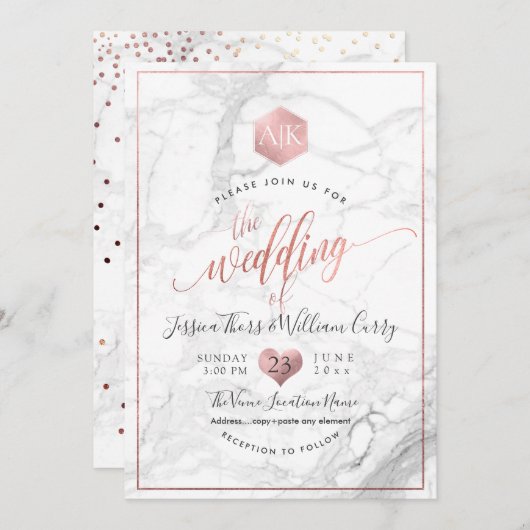 PixDezines Marmer+Monogram+Nepram RozeGoud Honingr Kaart (Voorkant / Achterkant)