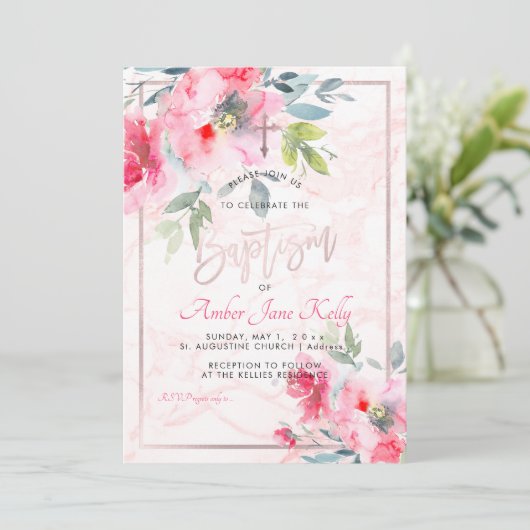 PixDezines Marmer+Waterverf Flowers/Doopsel Kaart (Staand voorkant)