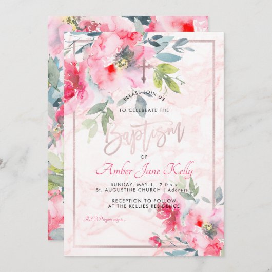 PixDezines Marmer+Waterverf Flowers/Doopsel Kaart (Voorkant / Achterkant)