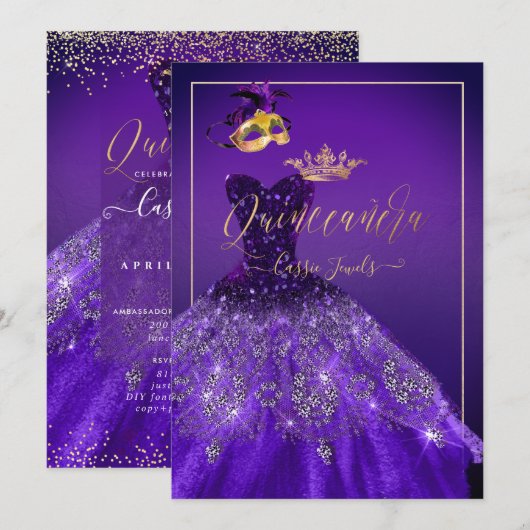 PixDezines Masquerade Quinceanera, donker Paars Kaart (Voorkant / Achterkant)