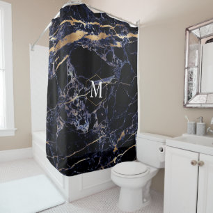 PixDezines MIDNIGHT BLU MARBLE+MONOGRAM Douchegordijn