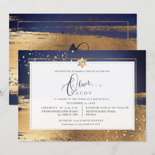 PixDezines MIDNIGHT BLUE GOLD BRUSHSTROKE Mitzvah Kaart