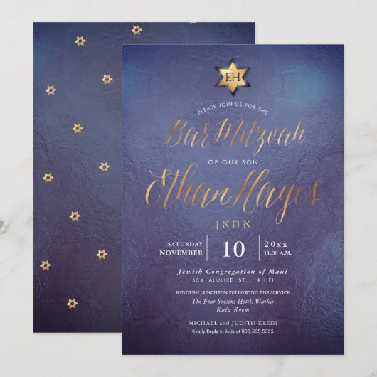 PixDezines minimalist Ombre Blue Mitzvah, script Kaart (Voorkant / Achterkant)