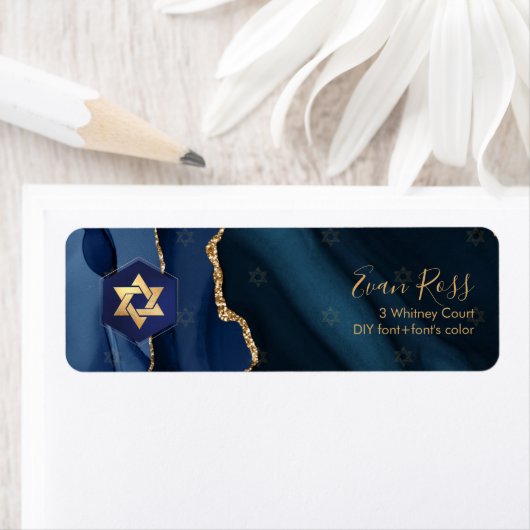 PixDezines Mitzvah Waterverf Agate Navy Blue Etiket (Insitu)