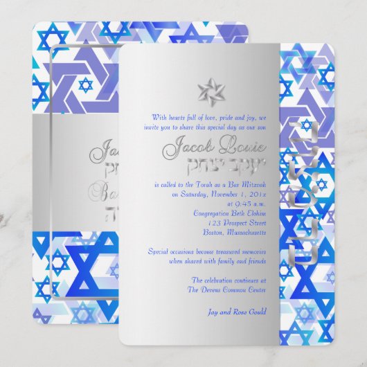 PixDezines mod stars/Bar Mitswa/donkerblauw/zilver Kaart (Voorkant / Achterkant)