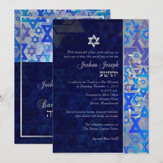 PixDezines mod stars/Bar Mitswa/donkerblauw/zilver Kaart (Voorkant / Achterkant)