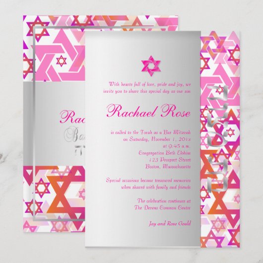 PixDezines mod stars/Bar Mitswa/hot pink/silver Kaart (Voorkant / Achterkant)