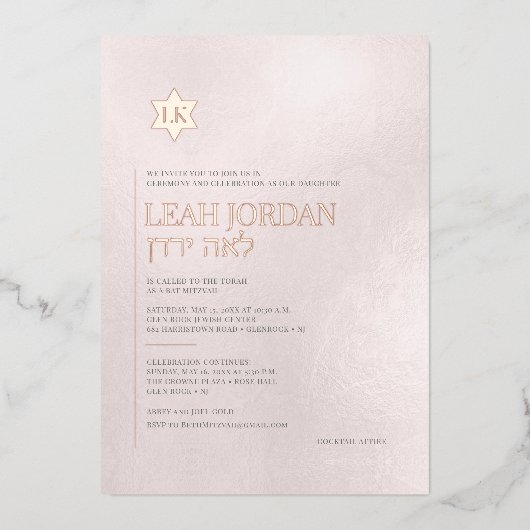 PixDezines Modern minimalistisch Roos Gold Bat Mit Folie Uitnodiging (Voorkant)