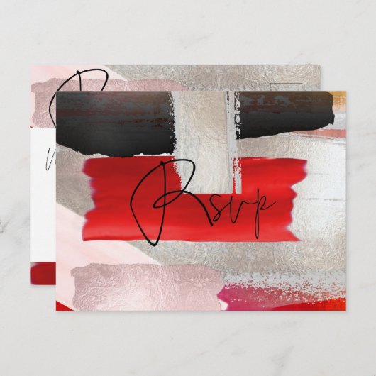 PixDezines Modern Waterverf Rood Zwart RSVP Uitnodiging Briefkaart (Voorkant / Achterkant)