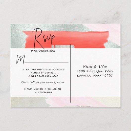 PixDezines Moderne Koraal Seafoam RSVP met Maaltij Uitnodiging Briefkaart (Achterkant)