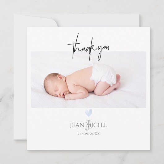 PixDezines Monogram Bedankt Baby Blue Heart Kaart (Voorkant)