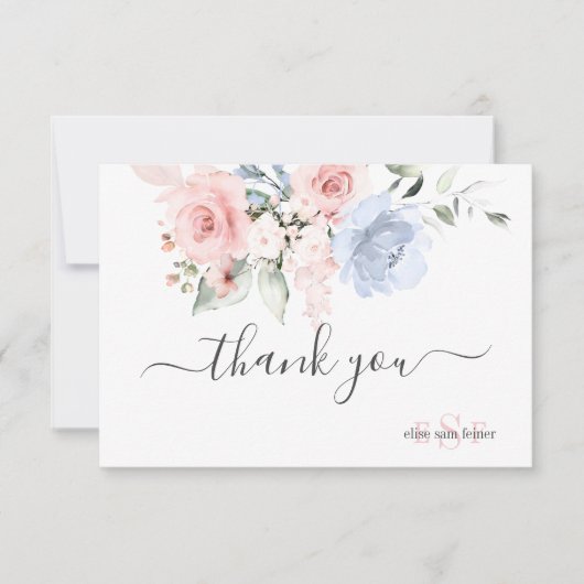 PixDezines Monogram Blush Pink Dusty Blue Rozen Bedankkaart (Voorkant)