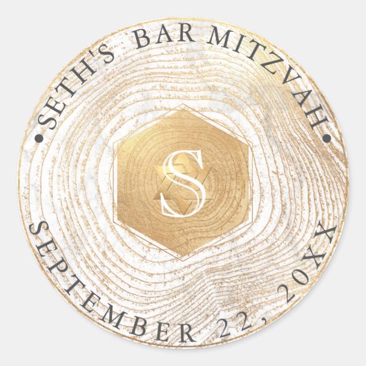 PixDezines Monogram Faux Gold Tree Ringen Mitzvah Ronde Sticker (Voorkant)