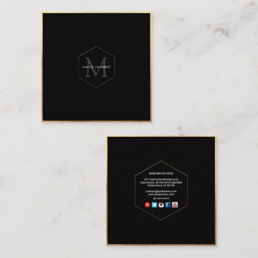 PixDezines MONOGRAM/FAUX GOUDEN HONINGRAAT Vierkante Visitekaartje (Voorkant / Achterkant)