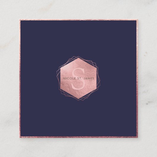 PixDezines MONOGRAM/FAUX ROOS GOUD, NAVY BLAUW Vierkante Visitekaartje (Voorkant)