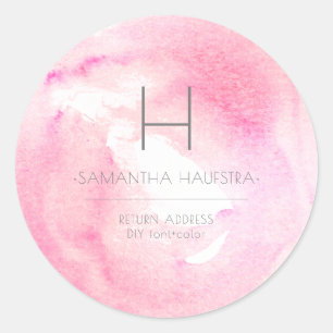 PixDezines Monogram Framboos Roze Waterverf Ronde Sticker