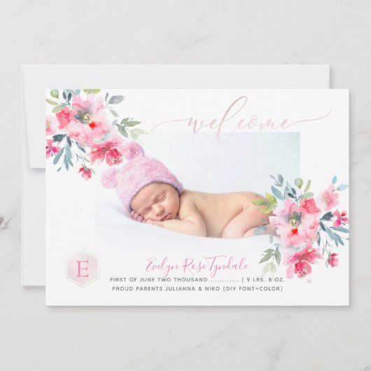 PixDezines Monogram+Garden Rozen Birth Baby Girl Aankondiging (Voorkant)