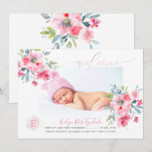 PixDezines Monogram+Garden Rozen Birth Baby Girl Aankondiging (Voorkant / Achterkant)