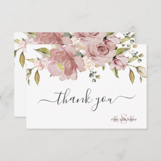 PixDezines Monogram H2 Stof Roze Bloemen Bedankkaart (Voorkant / Achterkant)