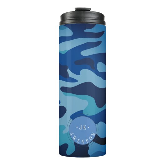 PixDezines Monogram Marine Blue Camouflage Thermosbeker (Voorkant)