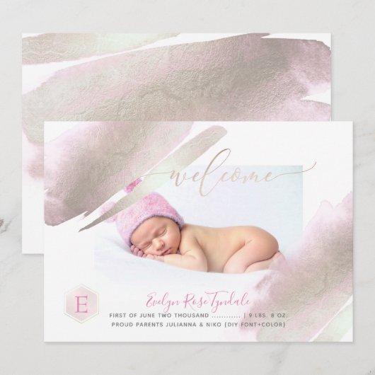 PixDezines MONOGRAM, PLATINUM+BLUSH Baby Meisje Aankondiging (Voorkant / Achterkant)