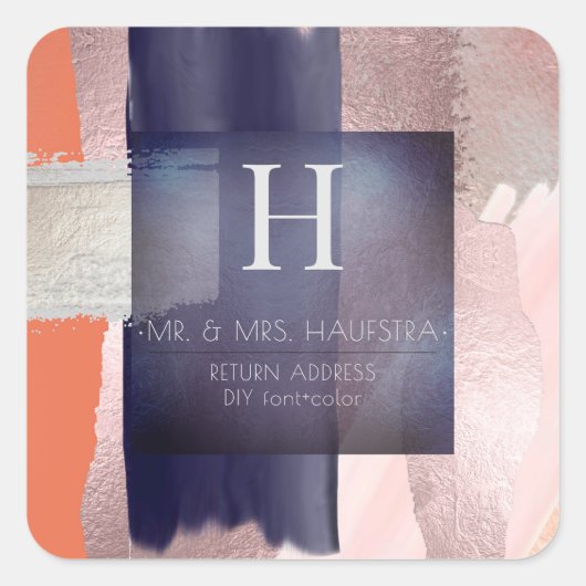 PixDezines Monogram, Roze+Navy+Zilver Kleurblok Vierkante Sticker (Voorkant)