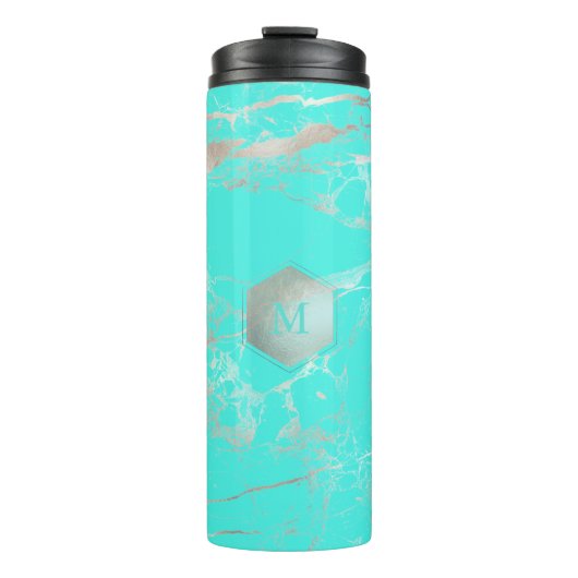 PixDezines MONOGRAM TURQUOISE ZILVEREN ADERS Thermosbeker (Voorkant)