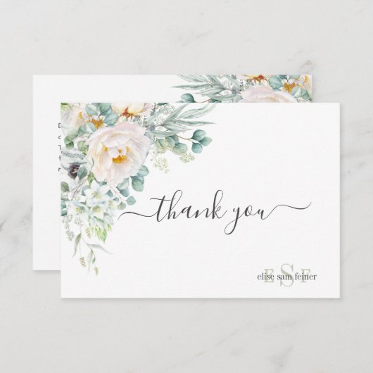 PixDezines Monogram Watercolor Pioenrozen Anemoon Bedankkaart (Voorkant / Achterkant)