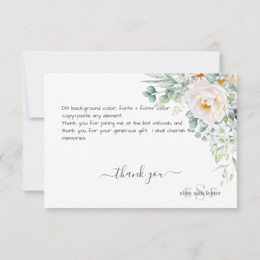 PixDezines Monogram Waterverf Peonies Anemone Bedankkaart (Achterkant)