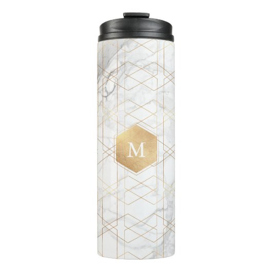 PixDezines MONOGRAM WITTE MARMER+HONINGRAAT Thermosbeker (Voorkant)