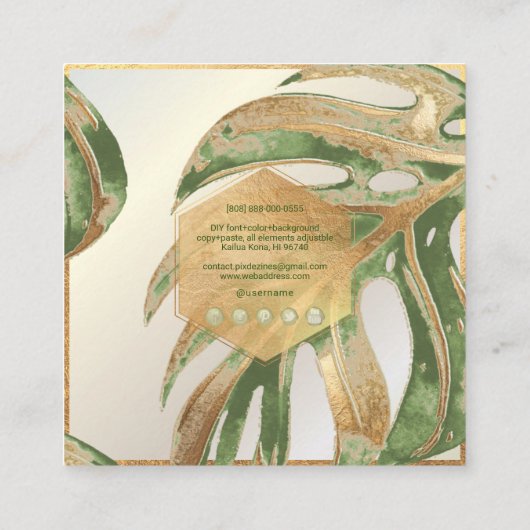 PixDezines MONSTERA, DUO TONE FAUX FOLIE Square Bu Vierkante Visitekaartje (Achterkant)