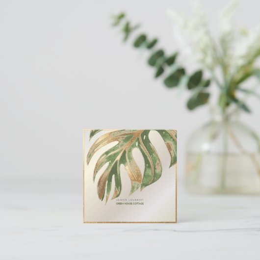 PixDezines MONSTERA, DUO TONE FAUX FOLIE Square Bu Vierkante Visitekaartje (Staand voorkant)