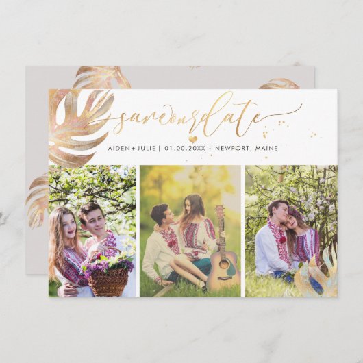 PixDezines Monstera Faux Metallic|Sparen de Datum Save The Date (Voorkant / Achterkant)