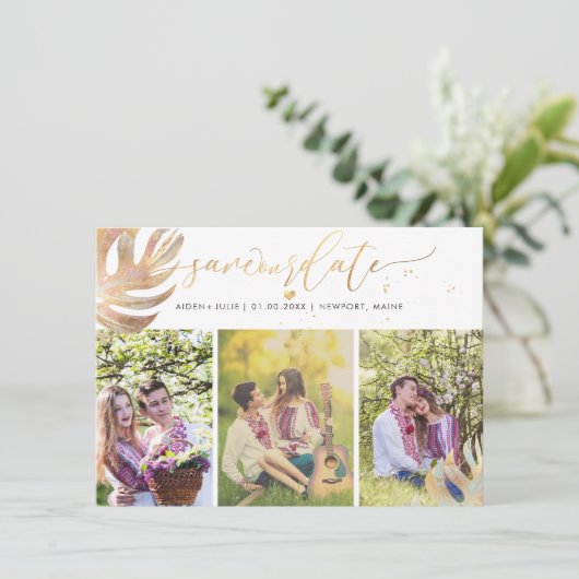 PixDezines Monstera Faux Metallic|Sparen de Datum Save The Date (Staand voorkant)