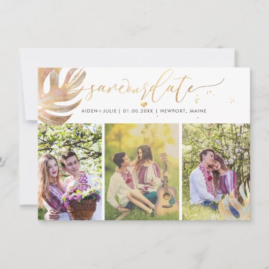 PixDezines Monstera Faux Metallic|Sparen de Datum Save The Date (Voorkant)