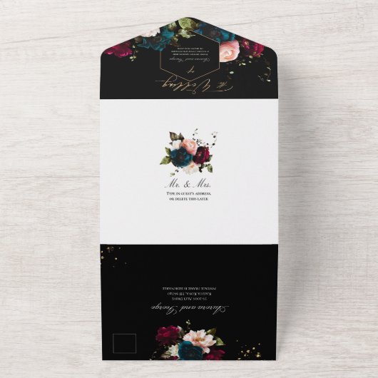 PixDezines Moody Floral Burgundy Blauwgroen All In One Uitnodiging (Buitenkant)