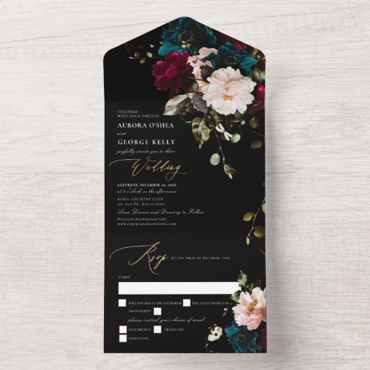 PixDezines Moody Floral Burgundy Blauwgroen All In One Uitnodiging (Binnen)